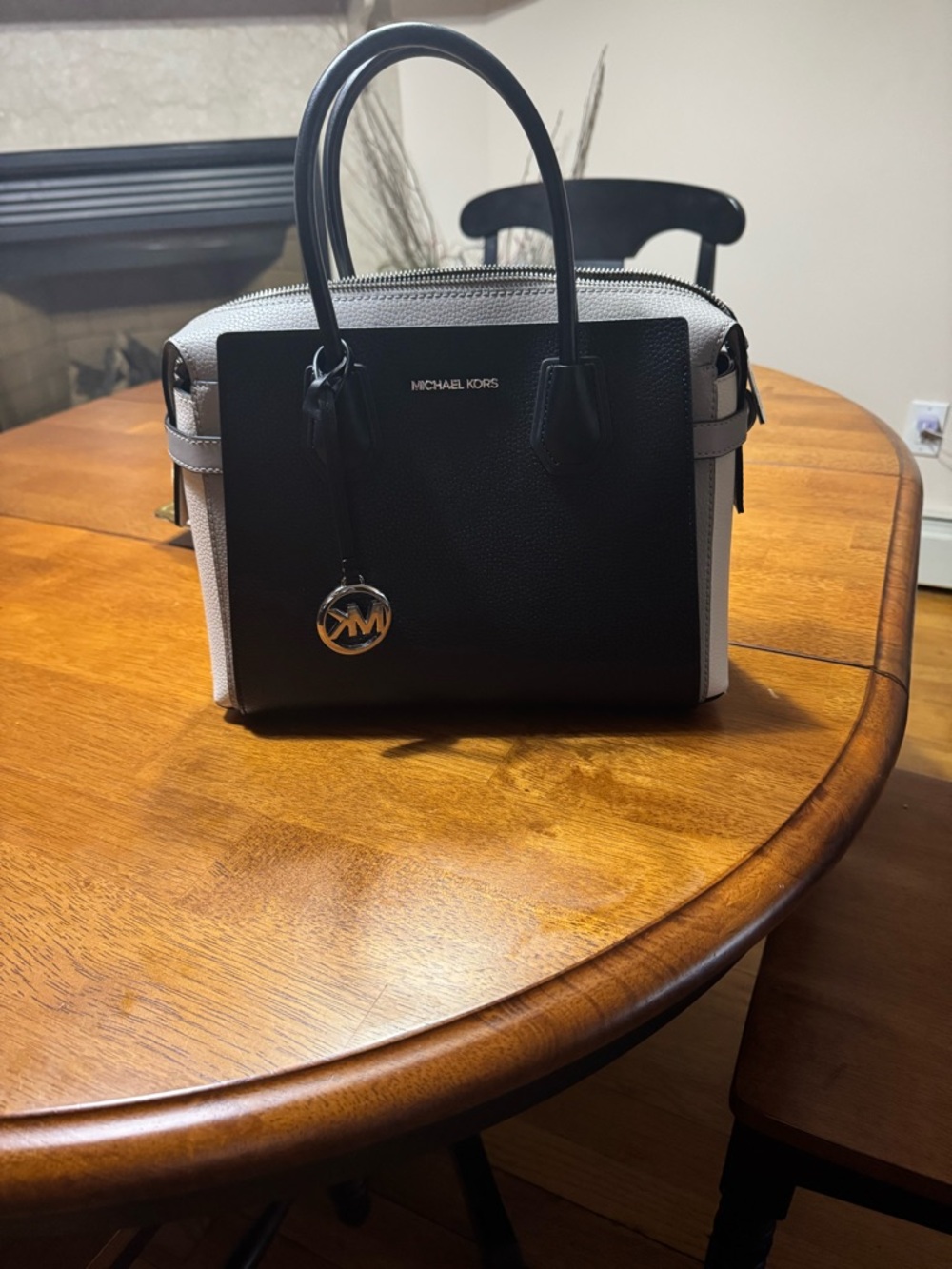 Michael Kors Black and White Saffiano Satchel with MK Charm